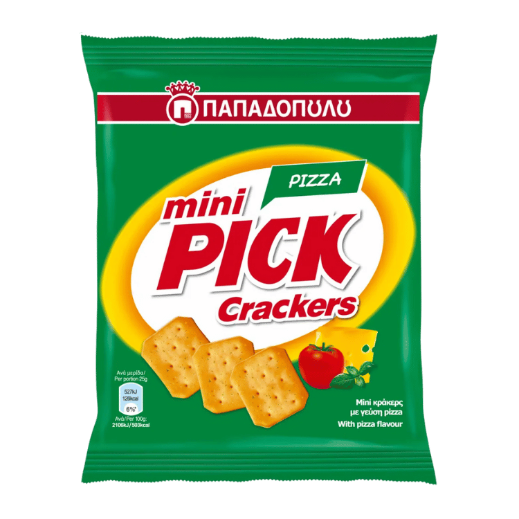 Mini Pick Crackers Pizza (70g) Papadopoulou von Papadopoulos bei Araxxon - Hochwertiges griechisches Produkt. Mini Pick Crackers Pizza (70g) Papadopoulou από Papadopoulos στο Araxxon - Αυθεντικό ελληνικό προϊόν.
